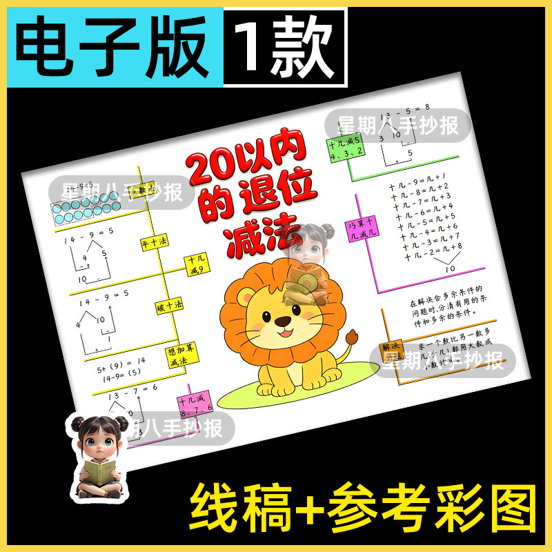 数学一年级下册二单元20以内的退位减法手抄报思维导图模板线稿A4