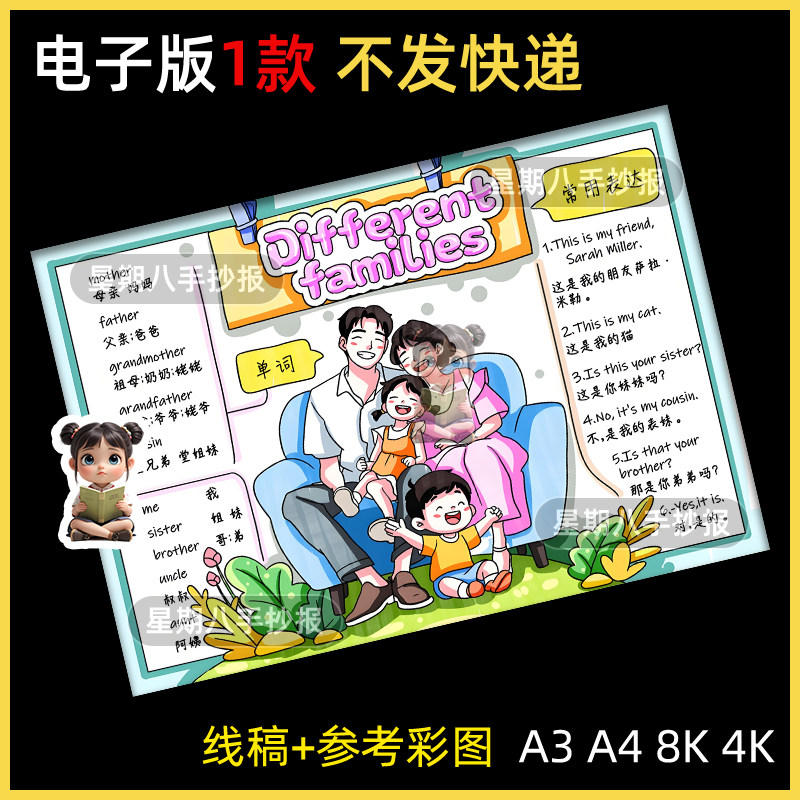 不同的家庭英语新人教版三年级上册第二单元思维导图模板线稿小报