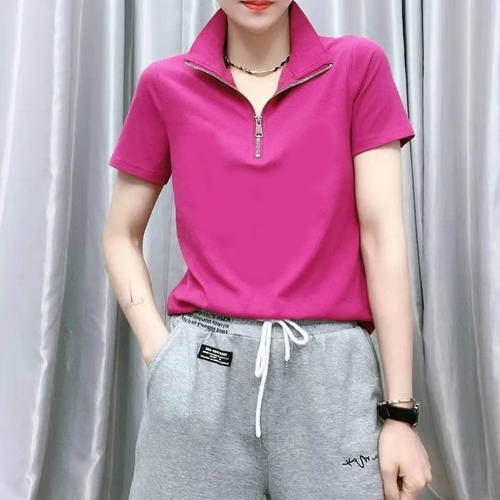 欧货纯棉短袖T恤女2025夏季新款纯色半拉链显瘦宽松时尚百搭上衣