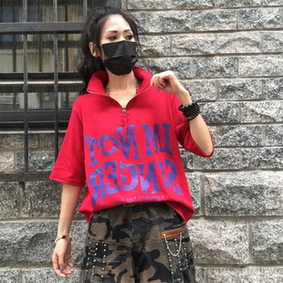 欧洲站新款2024夏季小众潮牌街头个性字母韩版短袖立领T恤女上衣