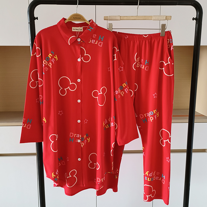新年本命年大红色睡衣套装女长袖长裤套装纯棉中长款开衫春秋睡衣