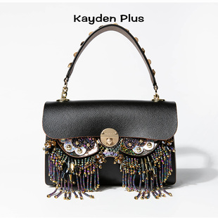 新款黑色双面牛皮换脸包女小众个性设计钉珠链条斜挎猫头鹰豆腐包