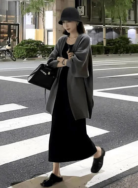 秋季灰色毛衣连衣裙两件套女装
