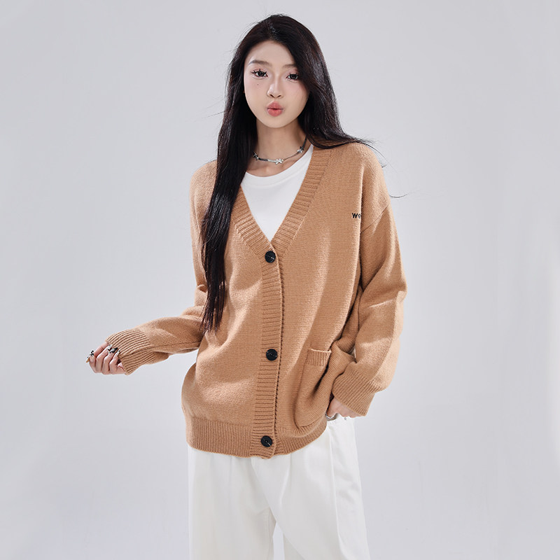 网红新款秋冬新款慵懒风软糯开衫字母刺绣宽松韩系显瘦女毛衣针织