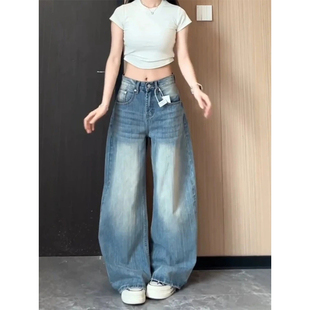 网红新款2026美式弯刀竹节纹阔腿牛仔裤女夏季新款浅色高腰显瘦直