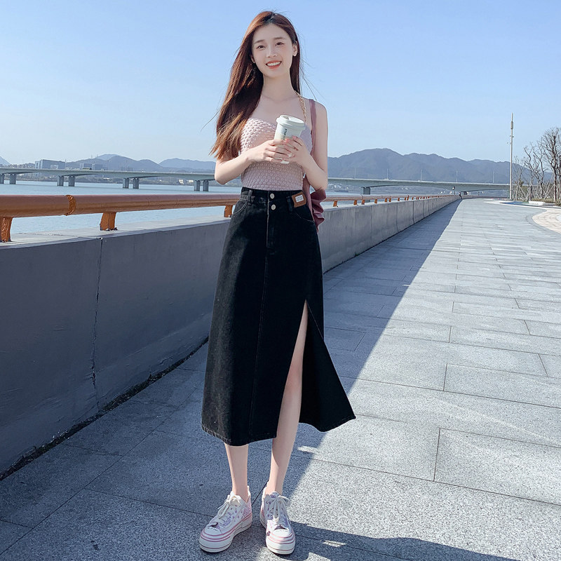 红书推荐中长款牛仔半身裙女小个子设计感小众高腰显瘦开叉a字裙