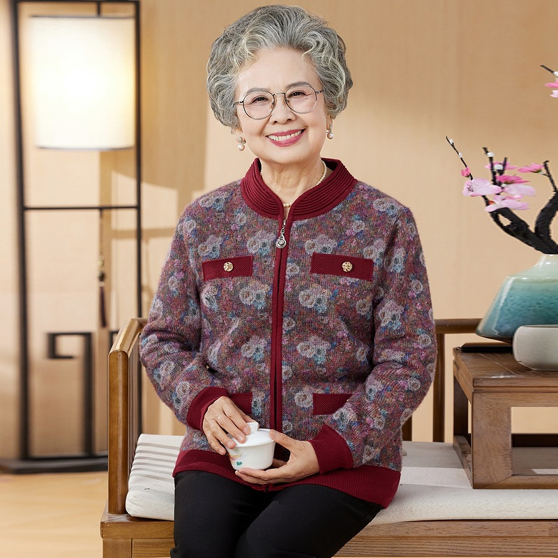 中老年女装奶奶春秋装毛衣外套加绒加厚针织开衫妈妈秋冬保暖衣服