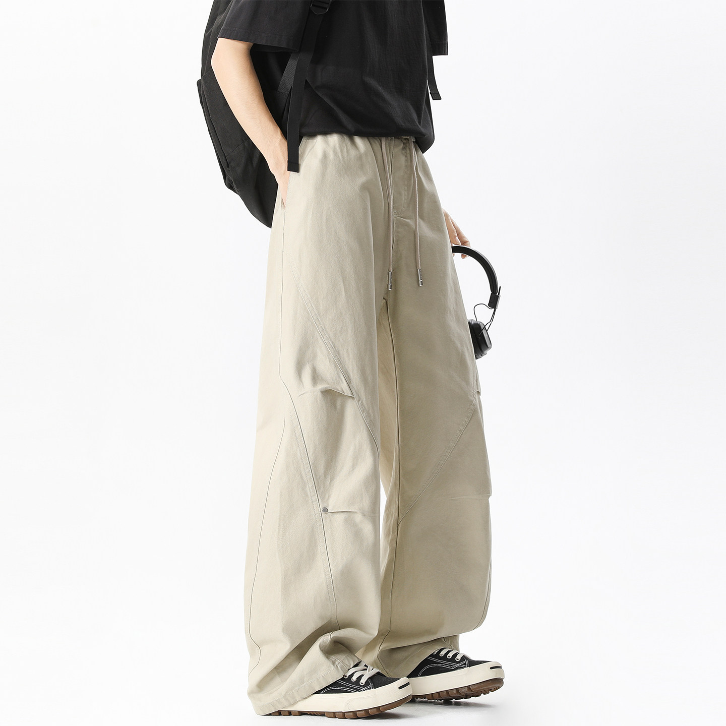 Lesstter春秋季新款男生日系纯棉宽松慵懒风弯刀裤男士阔腿休闲裤