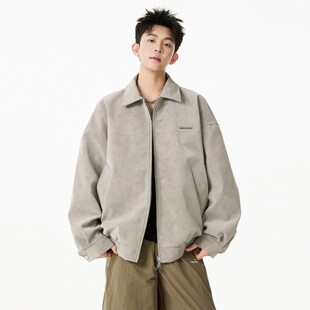 Lesstter春秋2026新款男生美式宽松扎染皮夹克男士机车风翻领外套