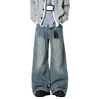 Lesstter美式宽松阔腿加绒牛仔裤