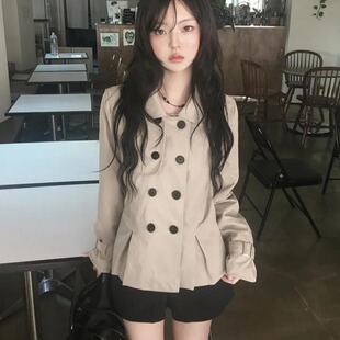 有货 卡其色双排扣风衣韩系收腰显瘦少女感外套小个子秋薄款上衣