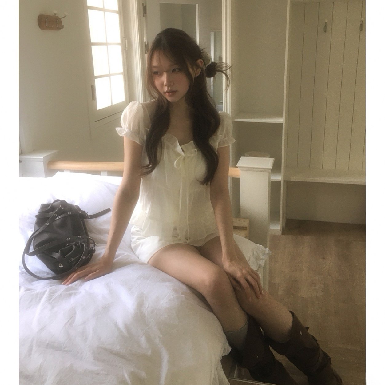 韩系小众荷叶边短袖衬衫女单排扣绑带夏季甜美短上衣