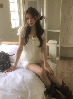 韩系小众荷叶边短袖衬衫女单排扣绑带夏季甜美短上衣