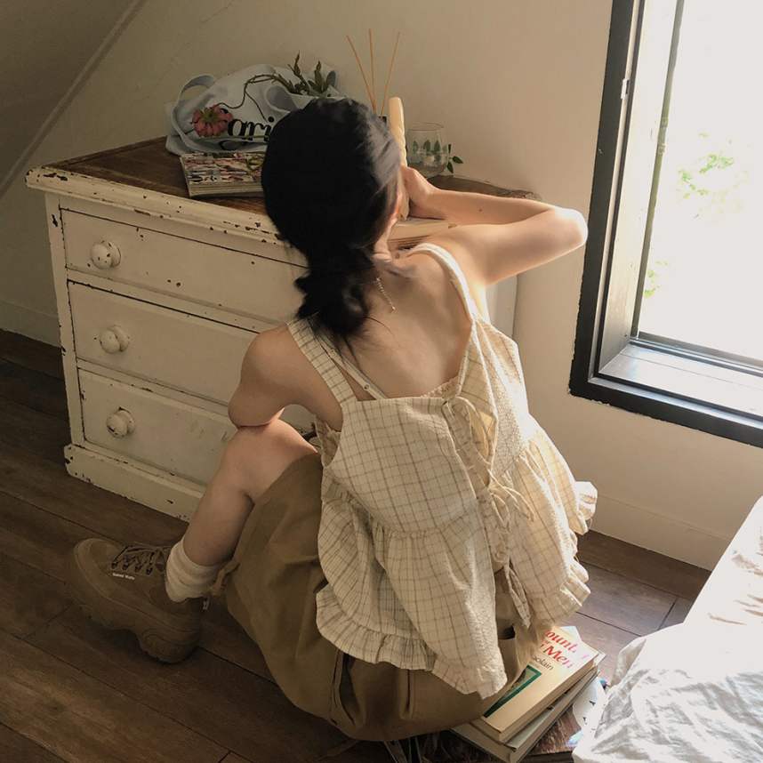 有货 韩国ins 夏日 前后两穿 荷叶边 绑带 格子吊带背心