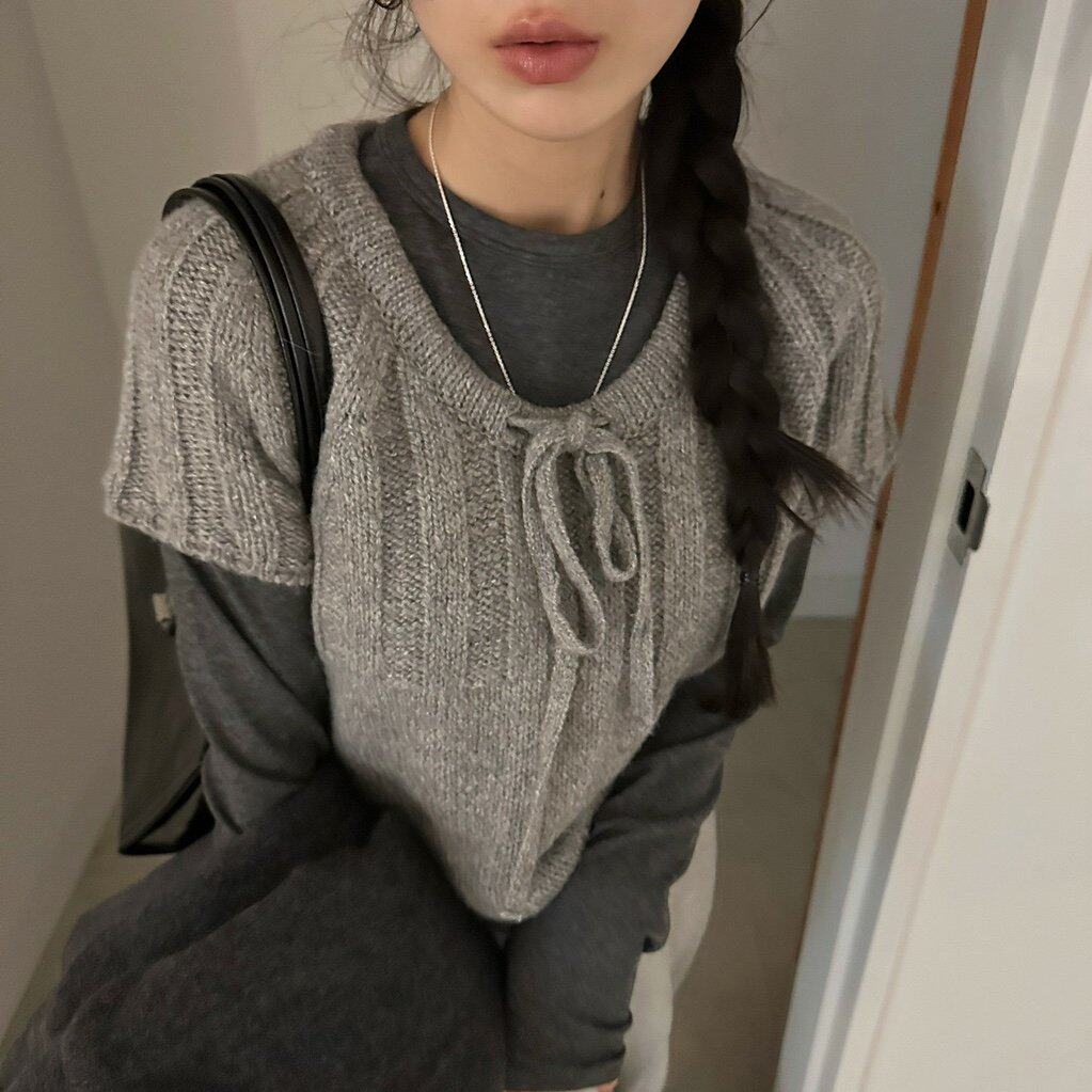 韩国chic秋日 叠穿 麻花 抽绳 短袖 毛衣