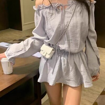 韩国chic春夏新款设计感木耳边露肩绑带甜美连衣裙