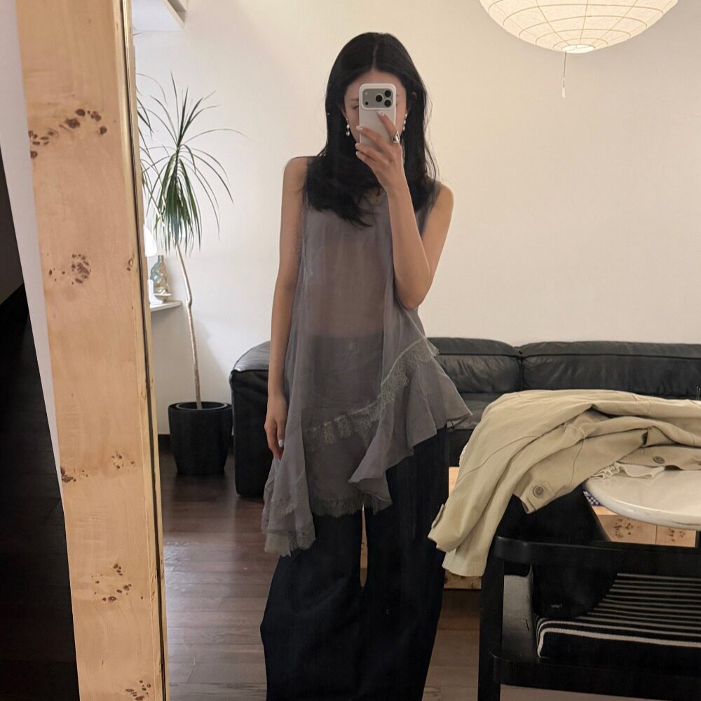 韩国chic春日 叠穿 蕾丝拼接 不规则 背心连衣裙