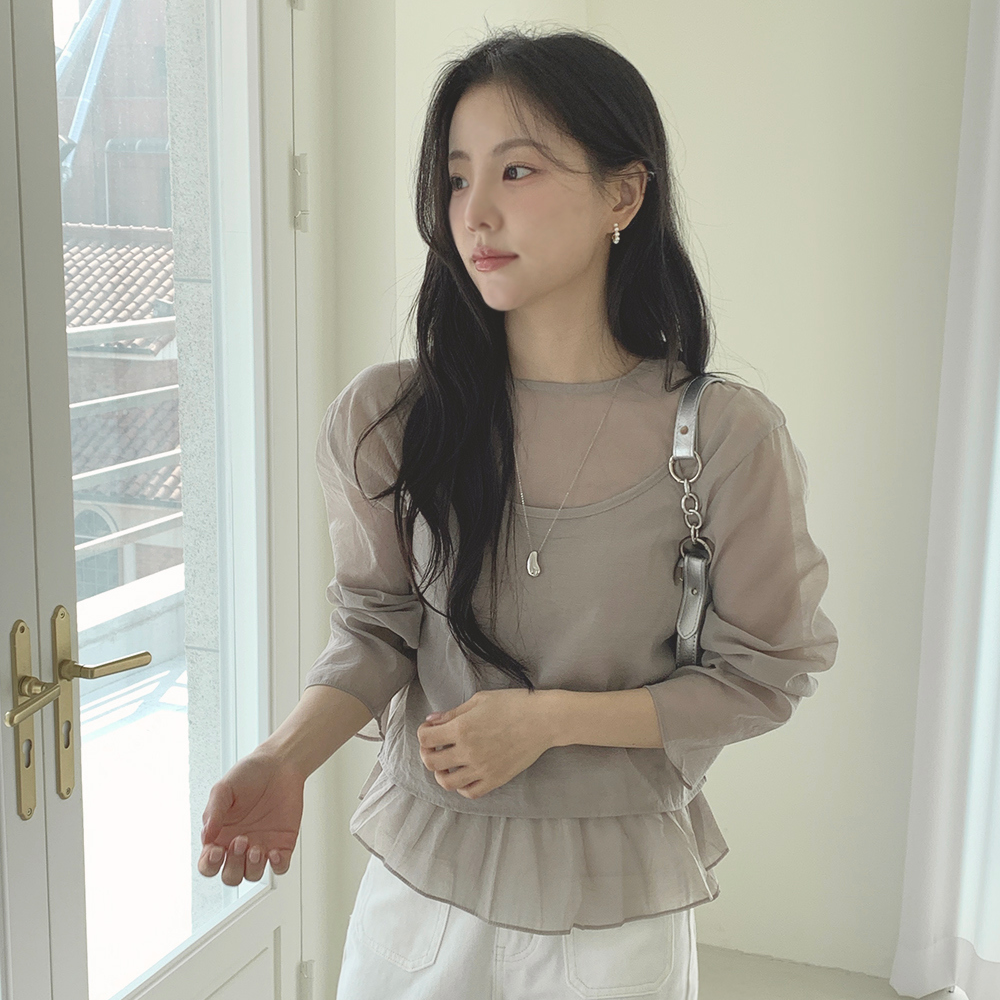 韩国 佩林·雪纺上衣上衣,胸衣套件分离长袖上衣两件套