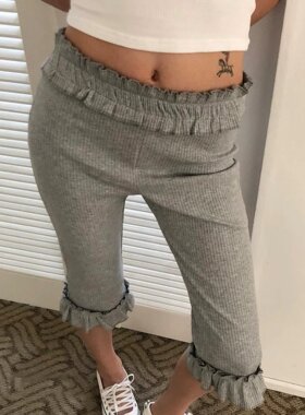 韩国夏季ins日系少女花边荷叶边高腰打底五分裤舒适弹力超弹中裤