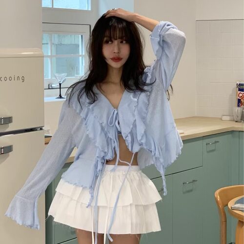 韩国chic夏季新款甜美V领系带喇叭袖长袖开衫