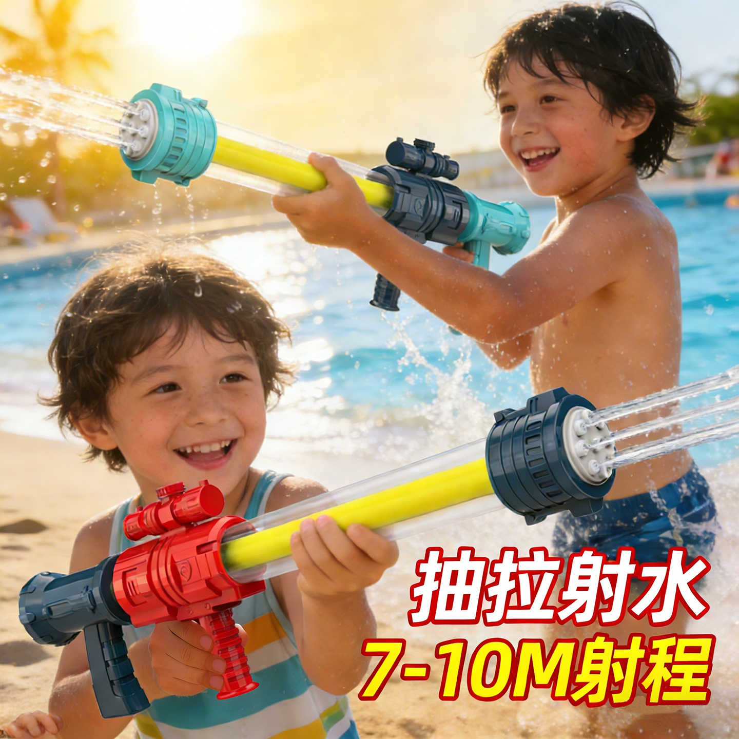 加特林抽拉式九孔水枪单管水炮儿童夏季漂流男女孩沙滩戏水玩具