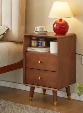 北欧纯实木床头柜免安装胡桃木色现代简约家用卧室小型床边收纳柜