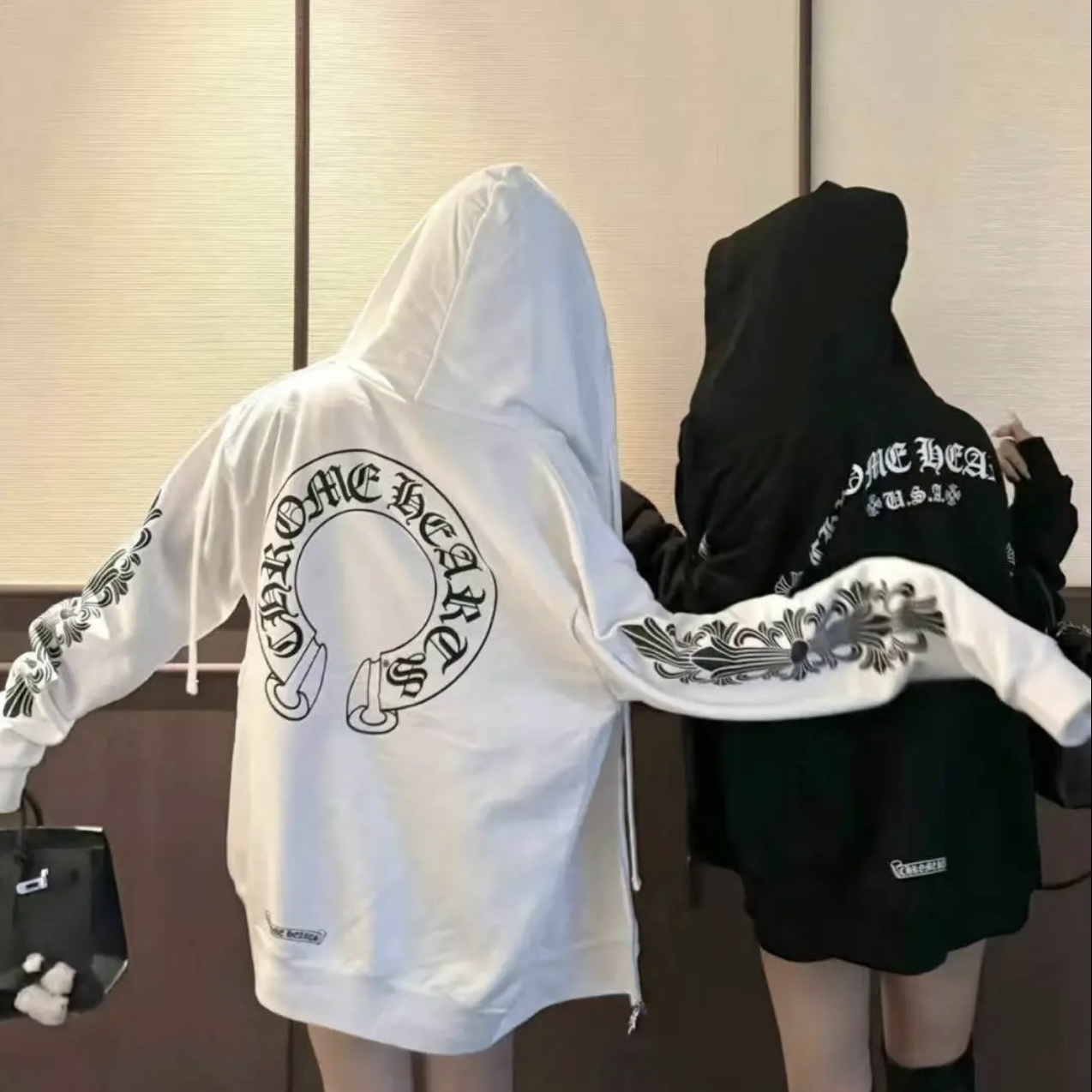 克罗梵文十字架字母印花连帽卫衣女秋冬季网红同款拉链开衫外套女