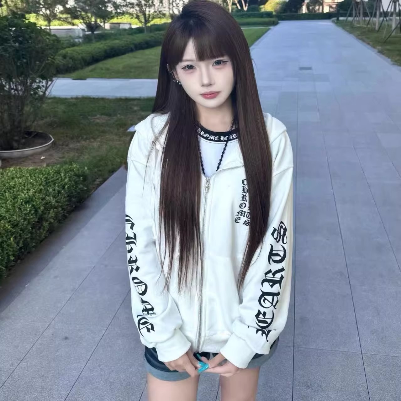 新款美式复古字母CH克罗梵文印花开衫卫衣休闲百搭潮牌长袖外套女