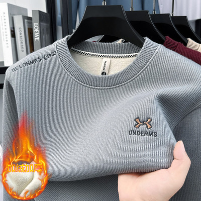 爸爸装一体绒毛衣男冬季加绒加厚保暖针织衫时尚宽松圆领打底上衣