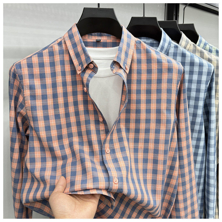中年正品新款男士长袖衬衫含棉格子上衣服中年商务休闲免烫衬衣服