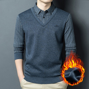 假两件毛衣男款爸爸冬装休闲条纹翻领针织衫中老年冬季保暖棉上衣