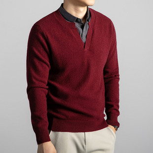 中年100%绵羊毛针织衫男士秋冬高端商务拼接衬衫领假两件毛衣男款