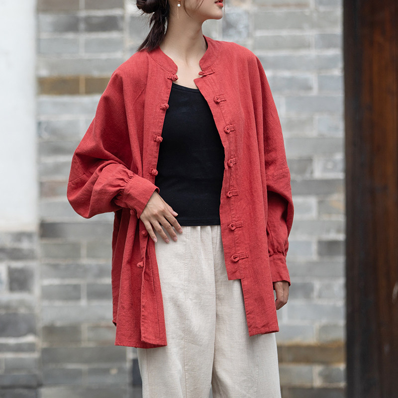 时尚中长款太极服女棉麻上衣 亚麻盘扣宽松太极拳练功服外套