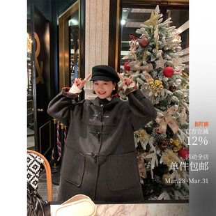 羊毛连帽双面呢外套 中长款 雾都圣诞来信 双面双色格纹牛角扣大衣