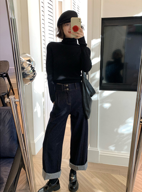 惊艳出圈！腰封结构线小弯刀牛仔裤 收胯藏肉直筒抓绒原牛色长裤