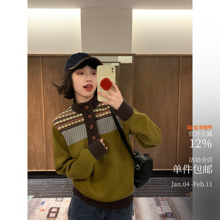 复古画报 马术女孩正肩谷波毛衣 超重工设计师合作款撞色费尔岛