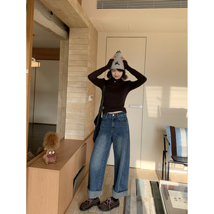 抓绒水洗蓝小阔腿休闲长裤 奇妙分割画师建模牛仔裤 梦中情牛