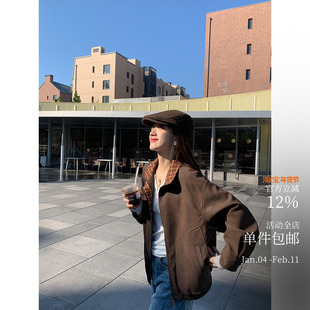 双城记 质感牛牛绒面革小皮衣!压线圆弧领型格纹拼接港风短夹克