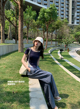 轻薄有型~漂亮格纹裤！海岛肌理泡泡棉腰部拼接松紧腰宽松休闲裤