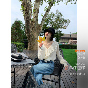 秋日捕梦网 很有场合感的温柔毛衣~手工钩花v领荷叶边收腰上衣