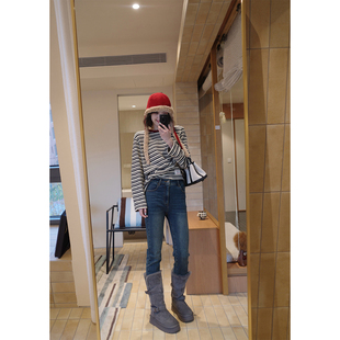 九分拉腿深冬加绒白牛神裤 韩女牛仔裤 超显瘦修身 靴靴穿搭伴侣