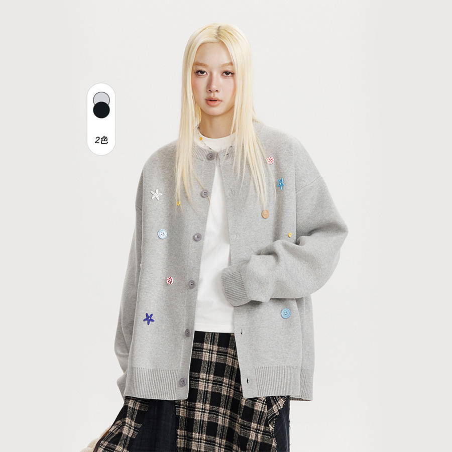 CATTEE海星纽扣毛衣开衫外套女秋冬新款韩系慵懒风上衣宽松