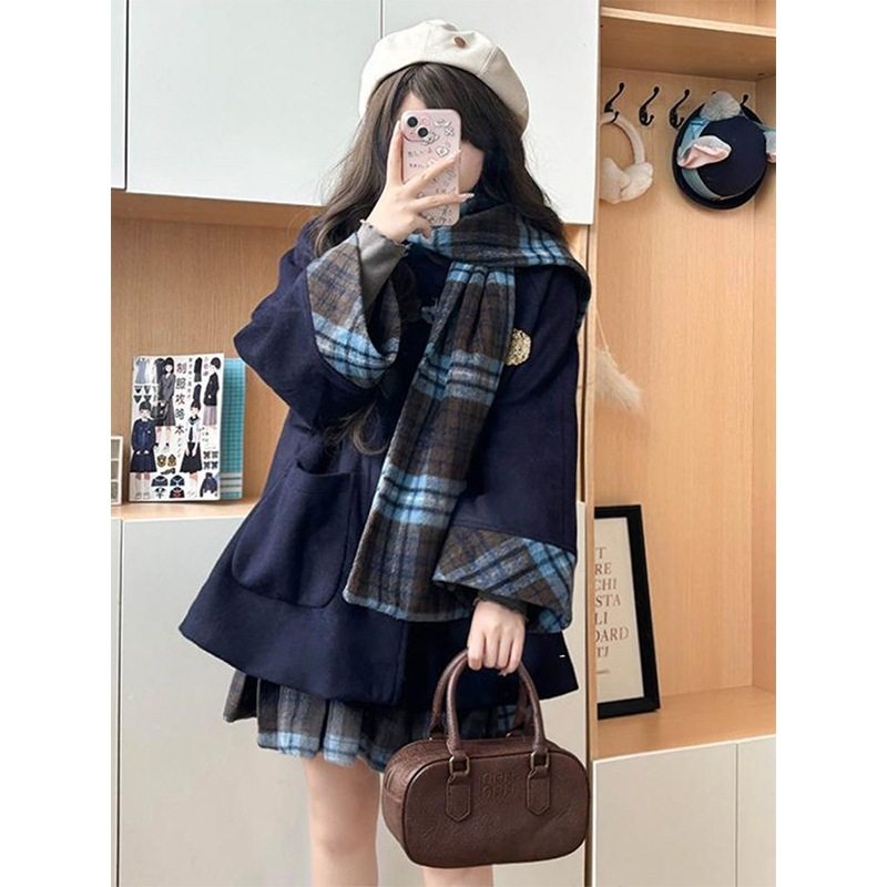 学院风JK制服套装女秋冬小个子牛角扣毛呢外套+格子百褶裙两件套