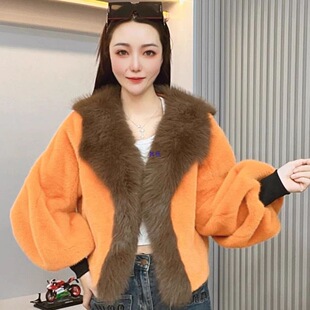 2025秋冬仿貂绒上衣加厚款保暖冬新款时尚灯笼袖短款毛毛皮草外套