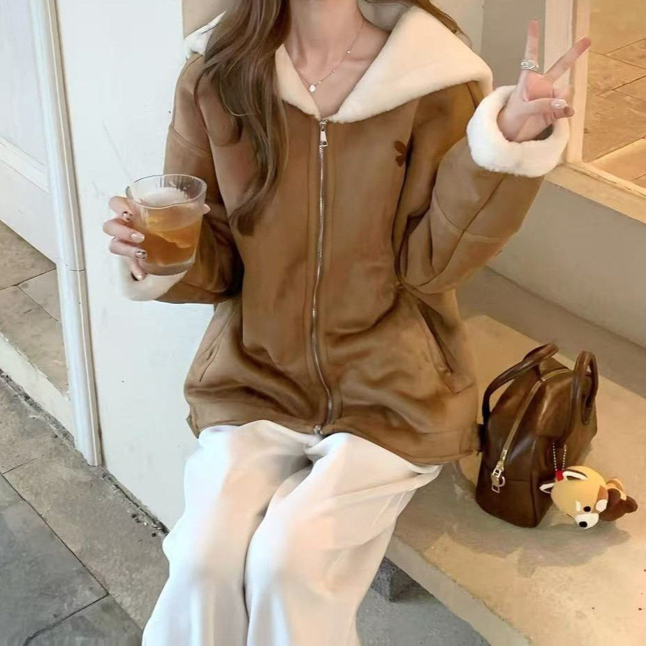 秋冬毛绒绒麂皮绒皮毛一体巨好看的厚外套女冬小个子加厚棉衣冬季