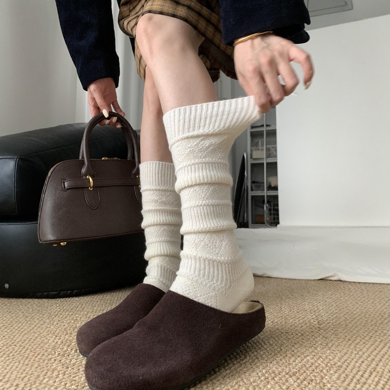 小腿针织堆堆袜女秋冬加厚羊绒针织袜长袜菱格纹袜配勃肯鞋保暖袜