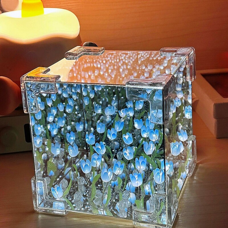 七夕情人节魔方郁金香花海小夜灯手工材料镜子女生日礼物成品diy