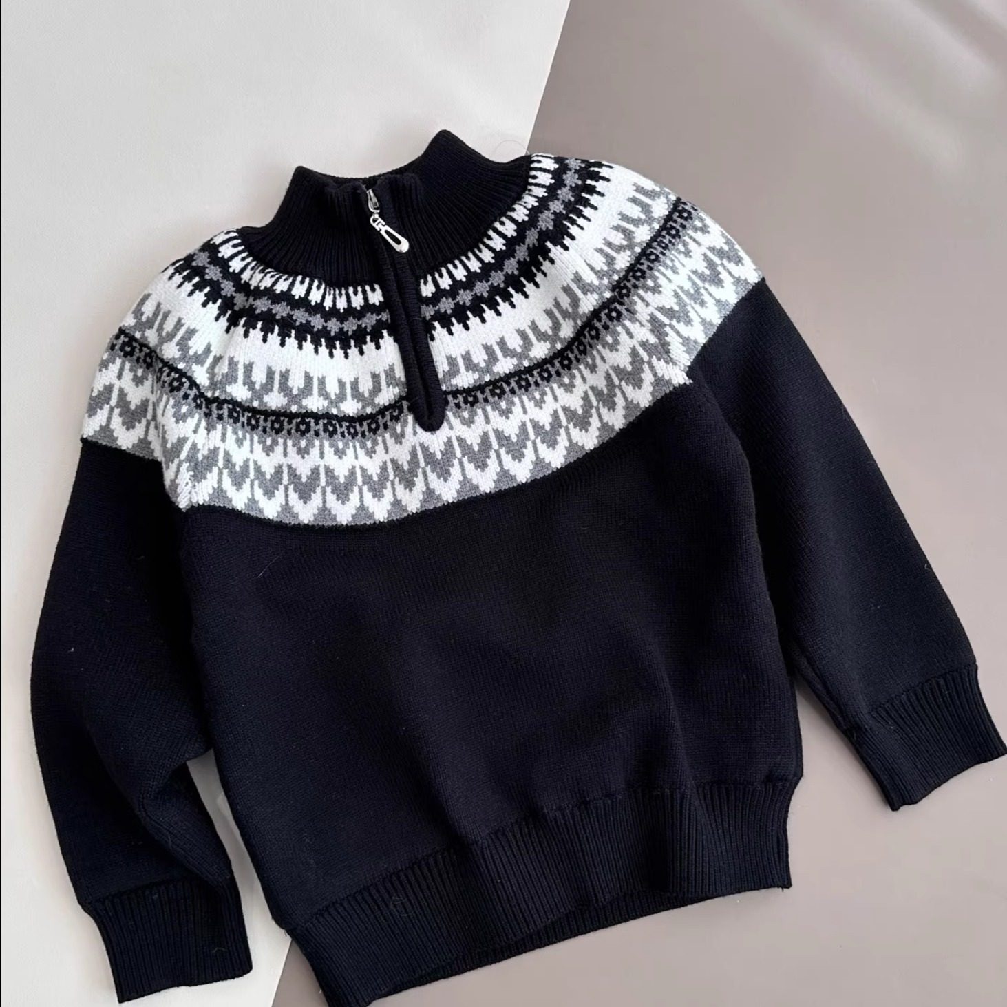 男女童费尔岛提花圣诞毛衣复古氛围加厚针织衫半拉链中高领打底衫