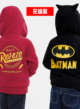 男女童加绒连帽外套拉链蝙蝠侠英雄联盟冬天迪斯尼兄妹装红色新年