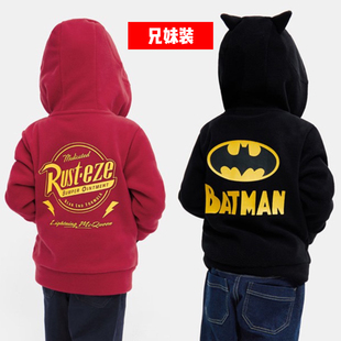 男女童加绒连帽外套拉链蝙蝠侠英雄联盟冬天迪斯尼兄妹装红色新年